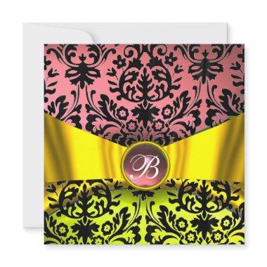 YELLOW GOLD RIBBON PINK BLACK DAMASK MONOGRAM Invitations