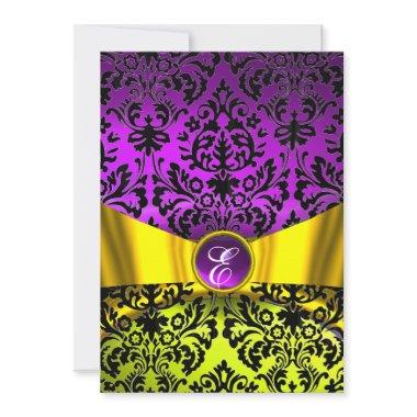 YELLOW GOLD RIBBON PURPLE BLACK DAMASK MONOGRAM Invitations