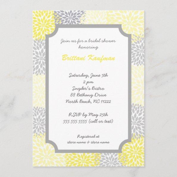 Yellow Gray grey Dahlia Bridal Shower Invite