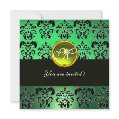 YELLOW GREEN BLACK DAMASK MONOGRAM, topaz Invitations