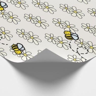 Yellow Honey Bee & White Daisy Pattern Cream Wrapping Paper