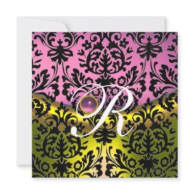 YELLOW PINK LAVENDER BLACK DAMASK MONOGRAM Invitations