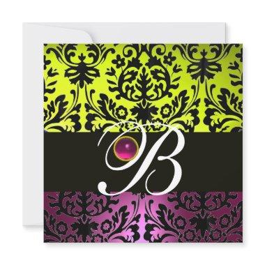 YELLOW PINK PURPLE BLACK DAMASK MONOGRAM Amethyst Invitations