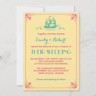 Yellow Pink Vintage Ship Anchor Wedding Invitations