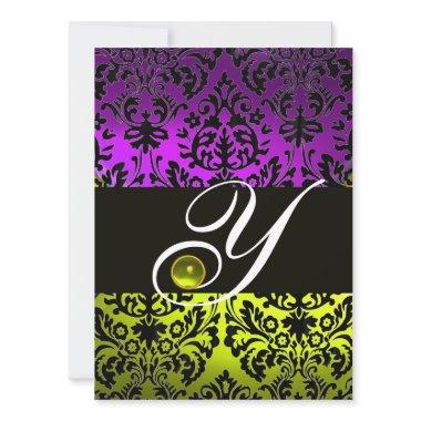 YELLOW PURPLE BLACK DAMASK MONOGRAM TOPAZ Invitations