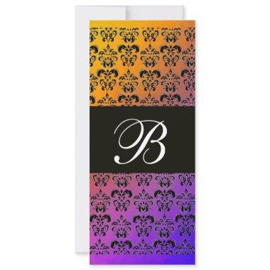 YELLOW PURPLE BLUE BLACK DAMASK MONOGRAM ,white Invitations