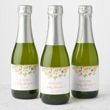 Yellow Rose Floral Greenery Girl Baby Shower Mini Sparkling Wine Label