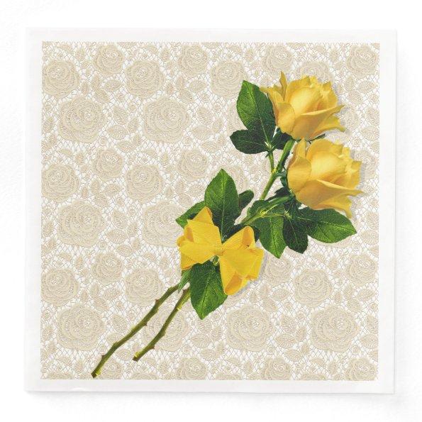 Yellow Roses Bow Ivory Lace on White Paper Napkins