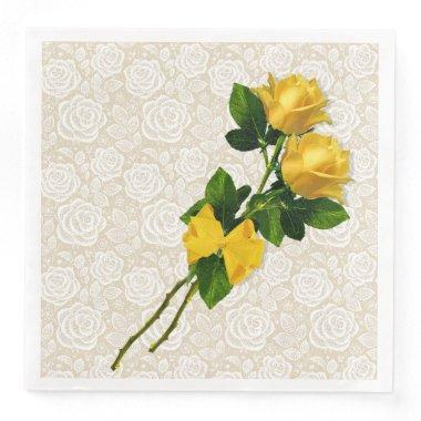 Yellow Roses Bow White Lace Ivory Paper Napkins