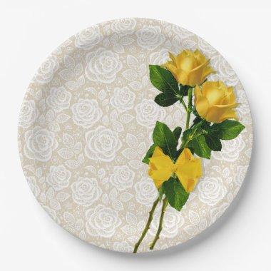Yellow Roses Bow White Lace Over Ivory Paper Plate