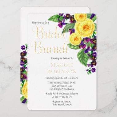 Yellow Roses | Violets Boho Floral Bridal Brunch F Foil Invitations