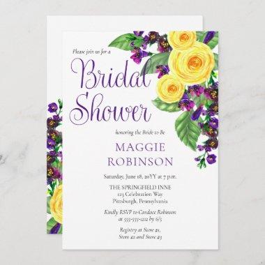 Yellow Roses | Violets Boho Floral Bridal Shower Invitations