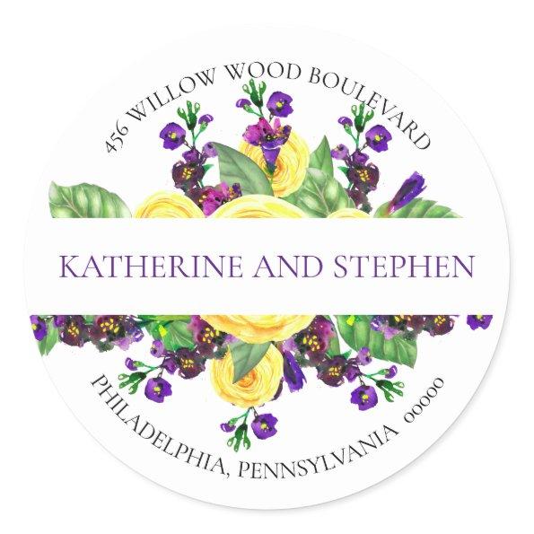 Yellow Roses | Violets Boho Floral Return Address Classic Round Sticker