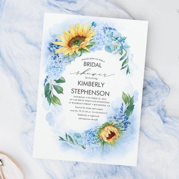 Yellow Sunflower and Blue Hydrangea Bridal Shower Invitations