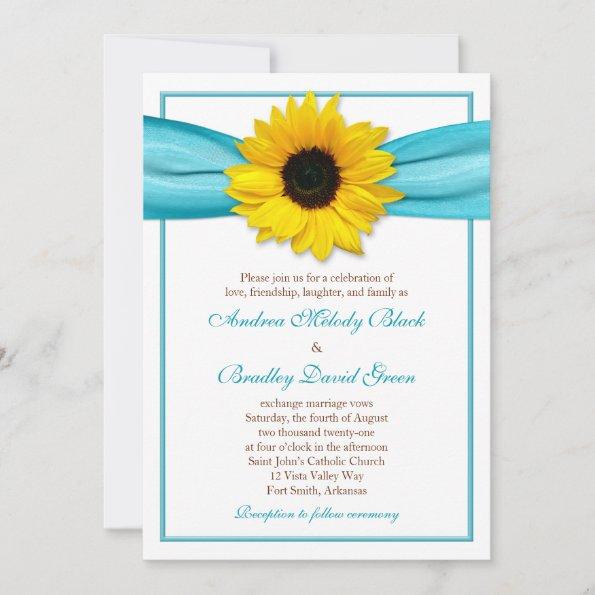 Yellow Sunflower Aqua Ribbon Wedding Invitations