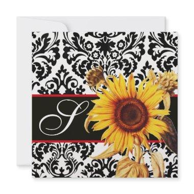 YELLOW SUNFLOWER BLACK WHITE DAMASK MONOGRAM Invitations