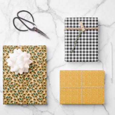 Yellow Sunflower Gingham Wrapping Paper Set