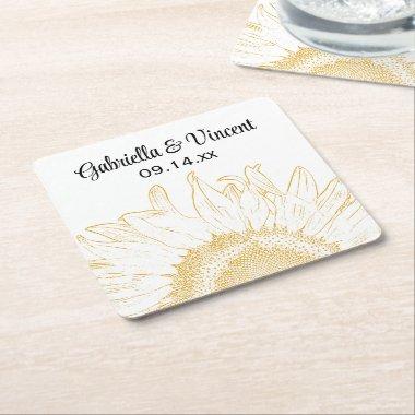 Yellow Sunflower Graphic Wedding Square Paper Coaster