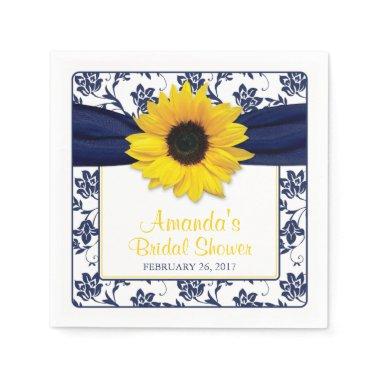 Yellow Sunflower Navy Blue Personalized Wedding Paper Napkins
