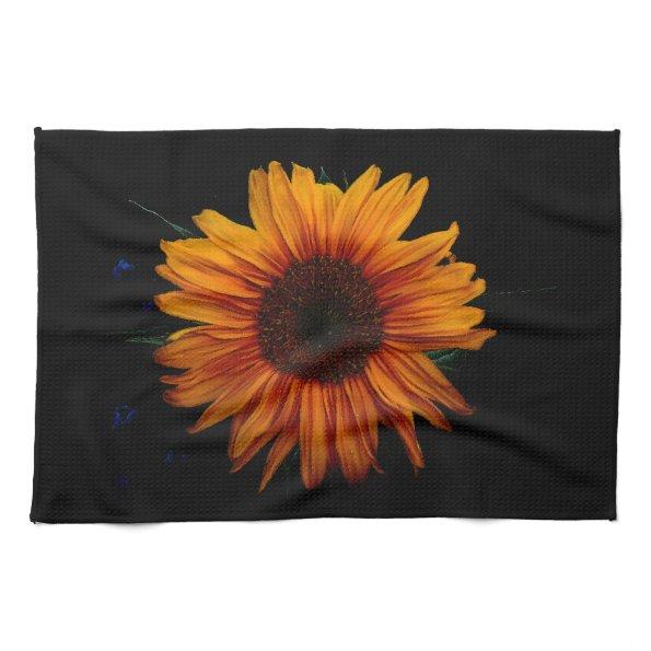 Yellow Sunflower on Black Kitchen Towel