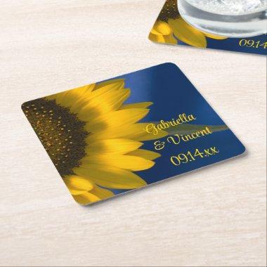 Yellow Sunflower on Blue Wedding Square Paper Coaster