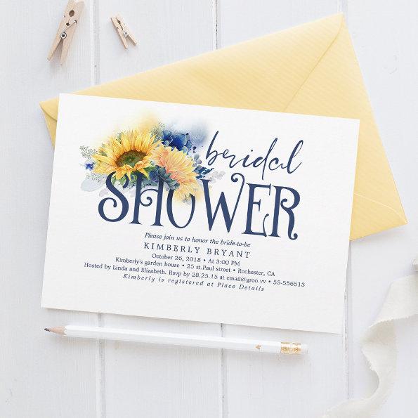 Yellow Sunflowers Elegant Navy Blue Bridal Shower Invitations