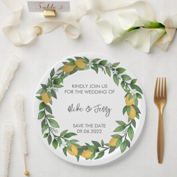 Yellow Tropical Lemon Citrus Monogram Wedding Paper Plates