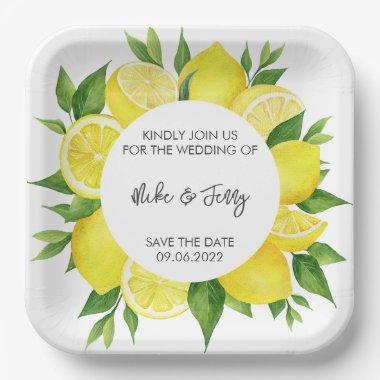 Yellow Tropical Lemon Citrus Monogram Wedding Paper Plates