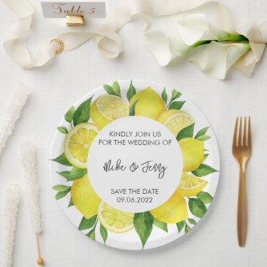 Yellow Tropical Lemon Citrus Monogram Wedding Paper Plates