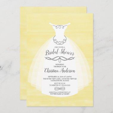 Yellow Watercolor Bride Gown Bridal Shower Invitations
