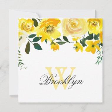 Yellow Watercolor Floral Monogram Thank You Invitations