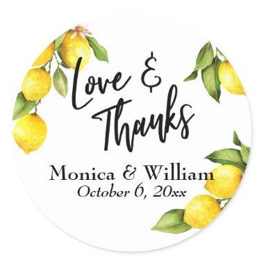 Yellow Watercolor Lemon Sprigs Love & Thanks Classic Round Sticker