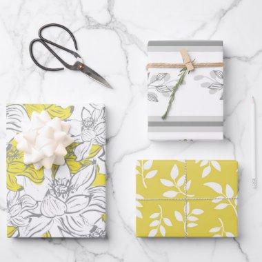 Yellow White Gray Floral Birthday Bridal Shower Wrapping Paper Sheets