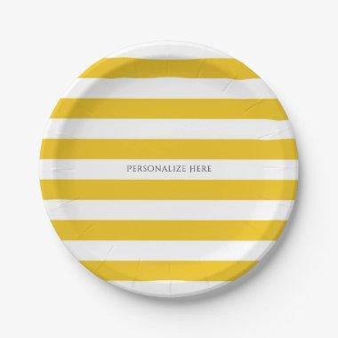 Yellow & White Stripes Modern Striped Personalized Paper Plates