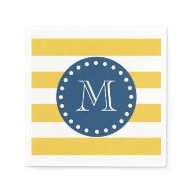 Yellow White Stripes Pattern, Navy Blue Monogram Paper Napkins