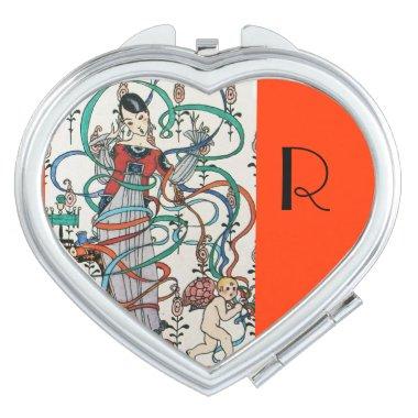 YOUNG GIRL,COLORFUL RIBBON,SWIRLS ,CUPID MONOGRAM MAKEUP MIRROR