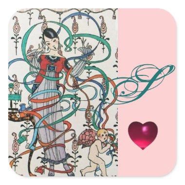 YOUNG GIRL ,COLORFUL RIBBON SWIRLS, CUPID MONOGRAM SQUARE STICKER