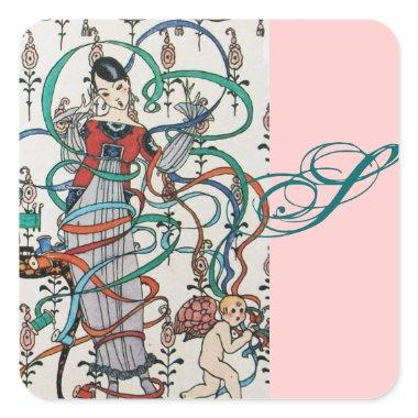 YOUNG GIRL ,COLORFUL RIBBON SWIRLS, CUPID MONOGRAM SQUARE STICKER