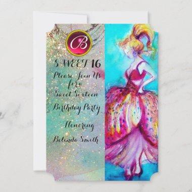 YOUNG GIRL SWEET 16 PARTY, Blue Sparkles Monogram Invitations