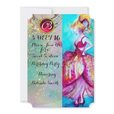 YOUNG GIRL SWEET 16 PARTY, Blue Sparkles Monogram Invitations