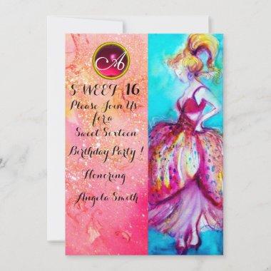 YOUNG GIRL SWEET 16 PARTY,Pink Sparkles Monogram Invitations