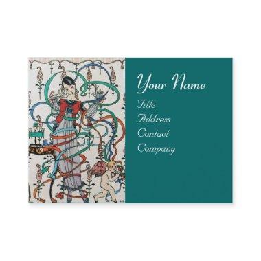 YOUNG GIRL WITH COLORFUL RIBBON SWIRLS AND CUPID BUSINESS