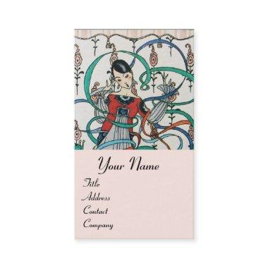 YOUNG GIRL WITH COLORFUL RIBBON SWIRLS AND CUPID BUSINESS