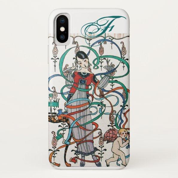 YOUNG GIRL WITH COLORFUL RIBBON SWIRLS AND CUPID iPhone X CASE