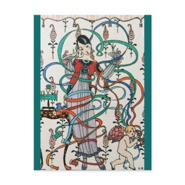 YOUNG GIRL WITH COLORFUL RIBBON SWIRLS AND CUPID POST