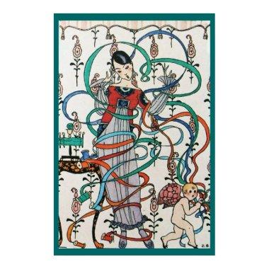 YOUNG GIRL WITH COLORFUL RIBBON SWIRLS AND CUPID POSTER