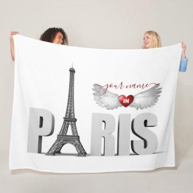 Your Name in Paris Eiffel Tower Heart Angel Wings Fleece Blanket