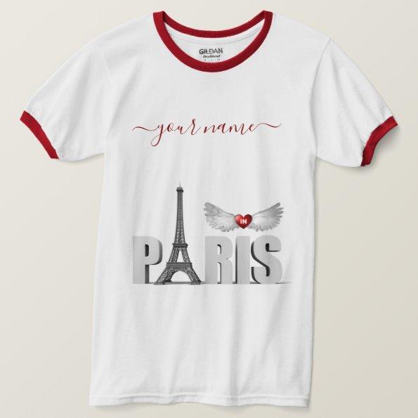 Your Name in Paris Eiffel Tower Heart Angel Wings T-Shirt