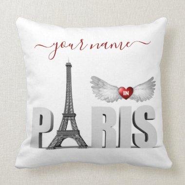 Your Name in Paris Eiffel Tower Heart Angel Wings Throw Pillow