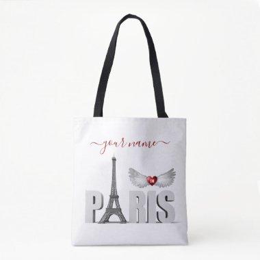 Your Name in Paris Eiffel Tower Heart Angel Wings Tote Bag